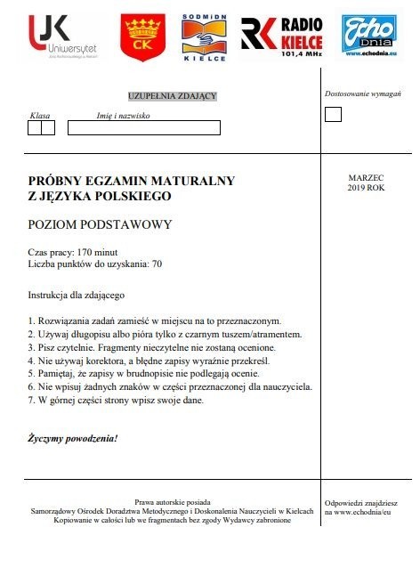 Próbna matura 2019 z języka polskiego Echa Dnia ARKUSZ | Echo Dnia  Świętokrzyskie