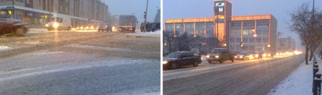 Koszalin: ul. Zwycięstwa i Młyńska. Drogi są nieodśnieżone.