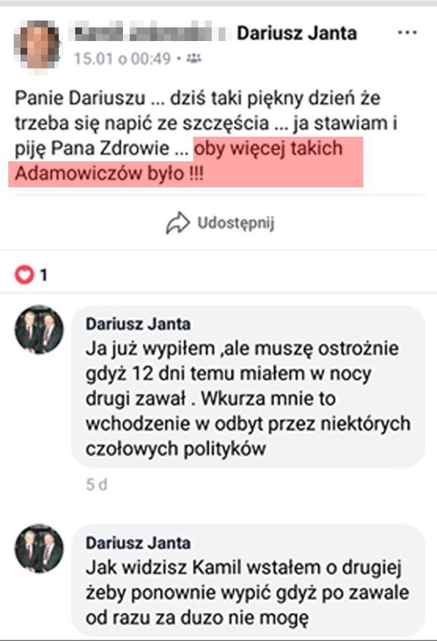 Internauta zaproponował toast: "Oby więcej takich Adamowiczów". Radny Dariusz Janta miał odpisać: "Już wypiłem". Został wykluczony z PiS