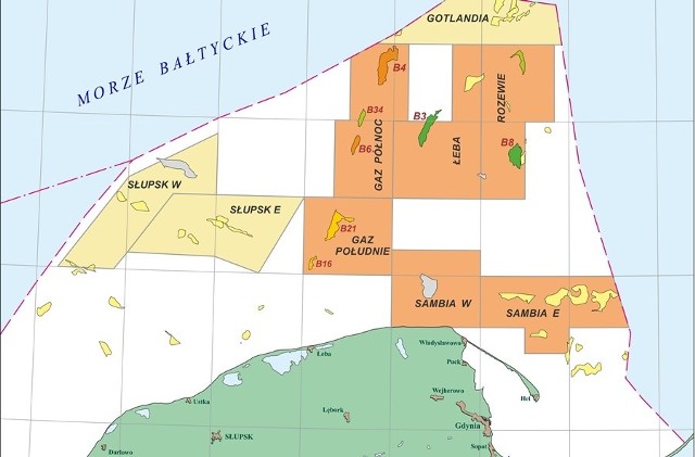 Obszary na Bałtyku, na których Lotos Petrobaltic szuka gazu i ropy. W ciemniejszym kolorze pomarańczowym obszary, na których w tym roku prowadzone są badania sejsmiczne.