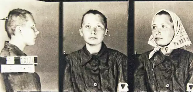 Obozowe zdjęcie 16-letniej Wiesi Byczyńskiej zrobione dzień po przyjeździe do Auschwitz-Birkenau. Widoczny na bluzie winkiel - trójkąt - klasyfikował więźniów. Czerwony dostawali polityczni, czarni - kryminalni