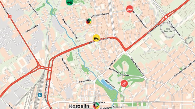 Fragment wirtualnej mapy zagrożeń bezpieczeństwa Koszalina - widać tu kilka bieżących oznaczeń, jak np. zgłoszenie o niewłaściwym parkowaniu czy wskazanie miejsca, gdzie zażywane są środki odurzające 