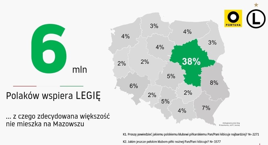 Procentowy podział kibiców Legii w Polsce.