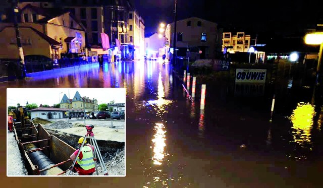 Duże zdjęcie: zatopiona Wieliczka. Małe: rozpoczęta w maju budowa nowego kanału deszczowego i sanitarnego w rejonie ulic Mickiewicza i Dembowskiego