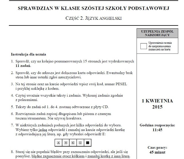 Sprawdzian szóstoklasisty 2015 angielski - arkusze egzaminacyjne - test szóstoklasisty angielski 2015