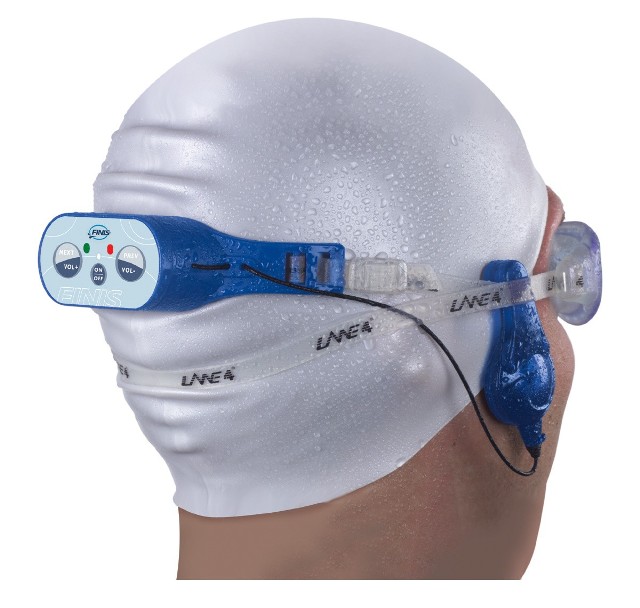 Odtwarzacz zintegrowany z okularami do pływania wykorzystuje przewodnictwo kości, przekazującej drgania z odtwarzacza wprost do czaszki