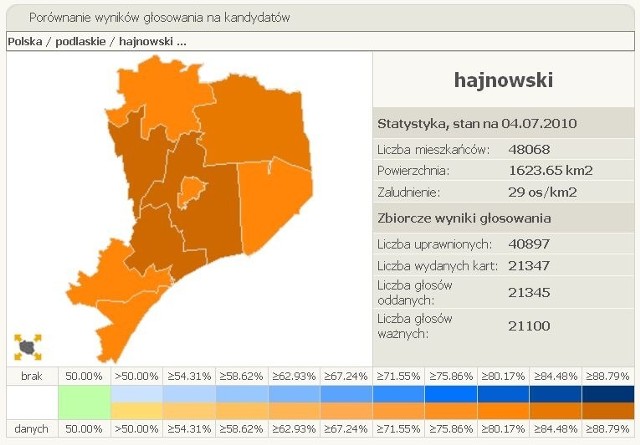 Rekordowe poparcie Bronisław Komorowski uzyskał w powiecie hajnowskim i gminie Czyże