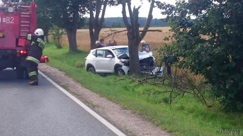 Wypadek w Bierdzanach na DK 45. Hyundai na drzewie.