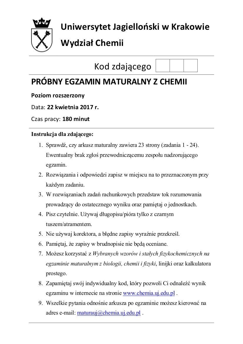 Matura z chemii 2017 r. z Wydziałem Chemii Uniwersytetu Jagiellońskiego [ZADANIA, ARKUSZE] 