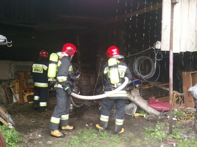 Strażacy dogaszają pożar drewnianej szopy w Henryku.