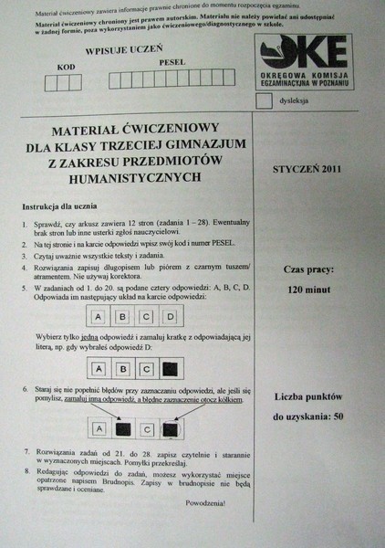 Próbny test gimnazjalny - cześc humanistyczna Material cwiczeniowy dla klasy trzeciej gimnazjum z zakresu przedmiotów humanistycznych