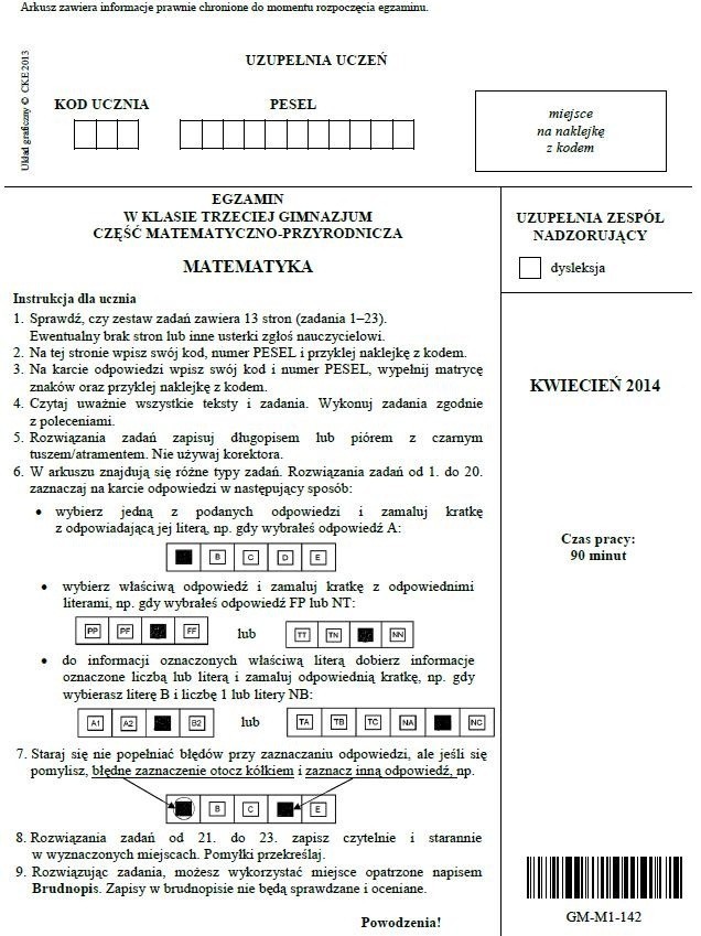 Egzamin gimnazjalny 2014. Matematyka [ODPOWIEDZI, ARKUSZE]