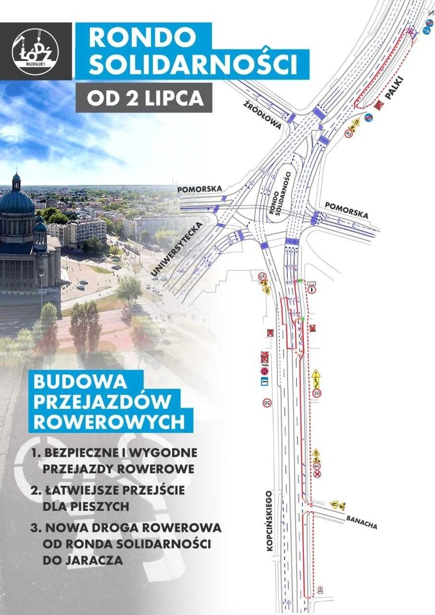 Drogi rowerowe w Łodzi. Wokół ronda Solidarności budują drogi rowerowe, przejazdy i chodniki