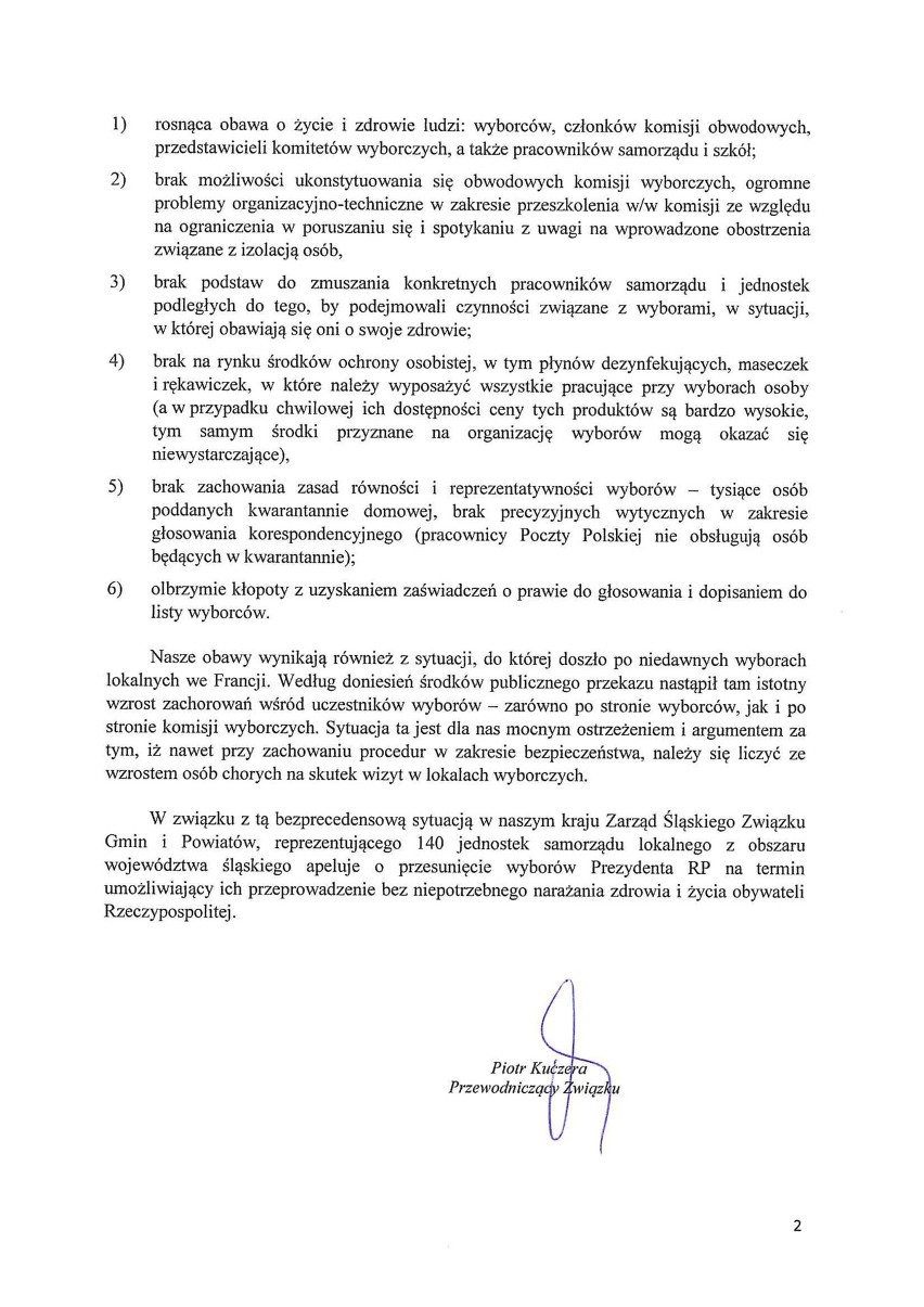 Śląski Związek Gmin i Powiatów przeciw organizacji wyborów prezydenckich 10 maja w warunkach epidemii