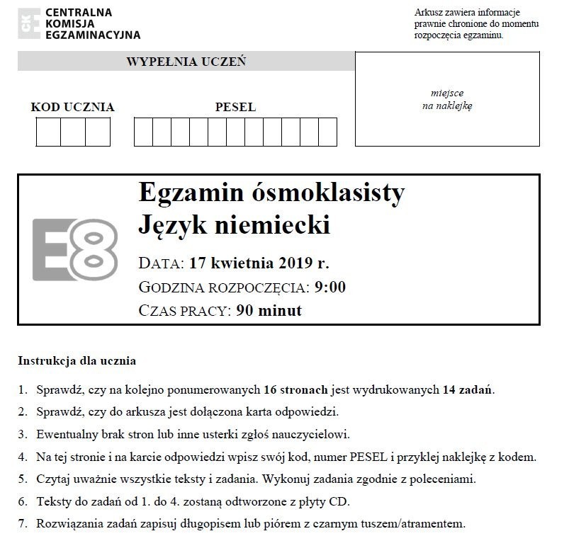 EGZAMIN ÓSMOKLASISTY 2019. Język angielski ODPOWIEDZI, ARKUSZE CKE. Test  8-klasisty z j. angielskiego 17.04.2019 [klucz odpowiedzi, arkusze] |  Dziennik Bałtycki