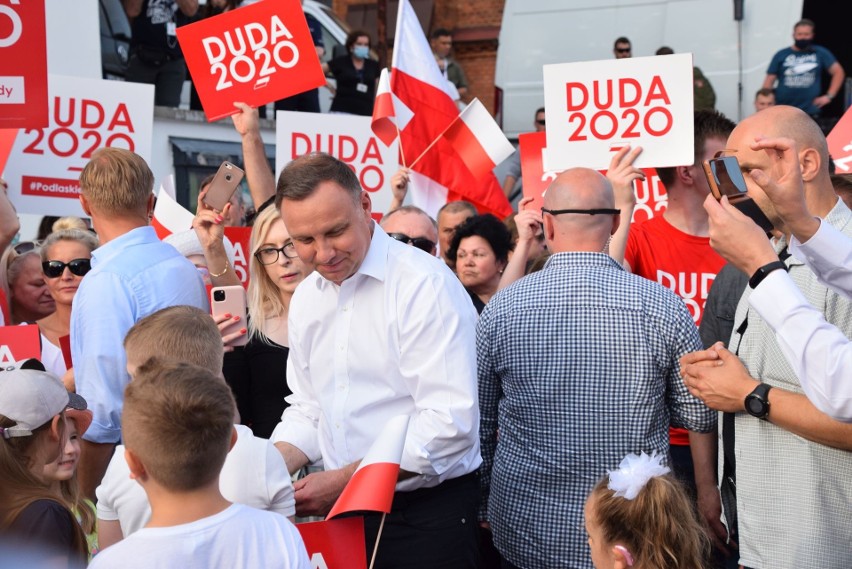 Prezydent Polski Andrzej Duda na wiecu wyborczym w kampanii...