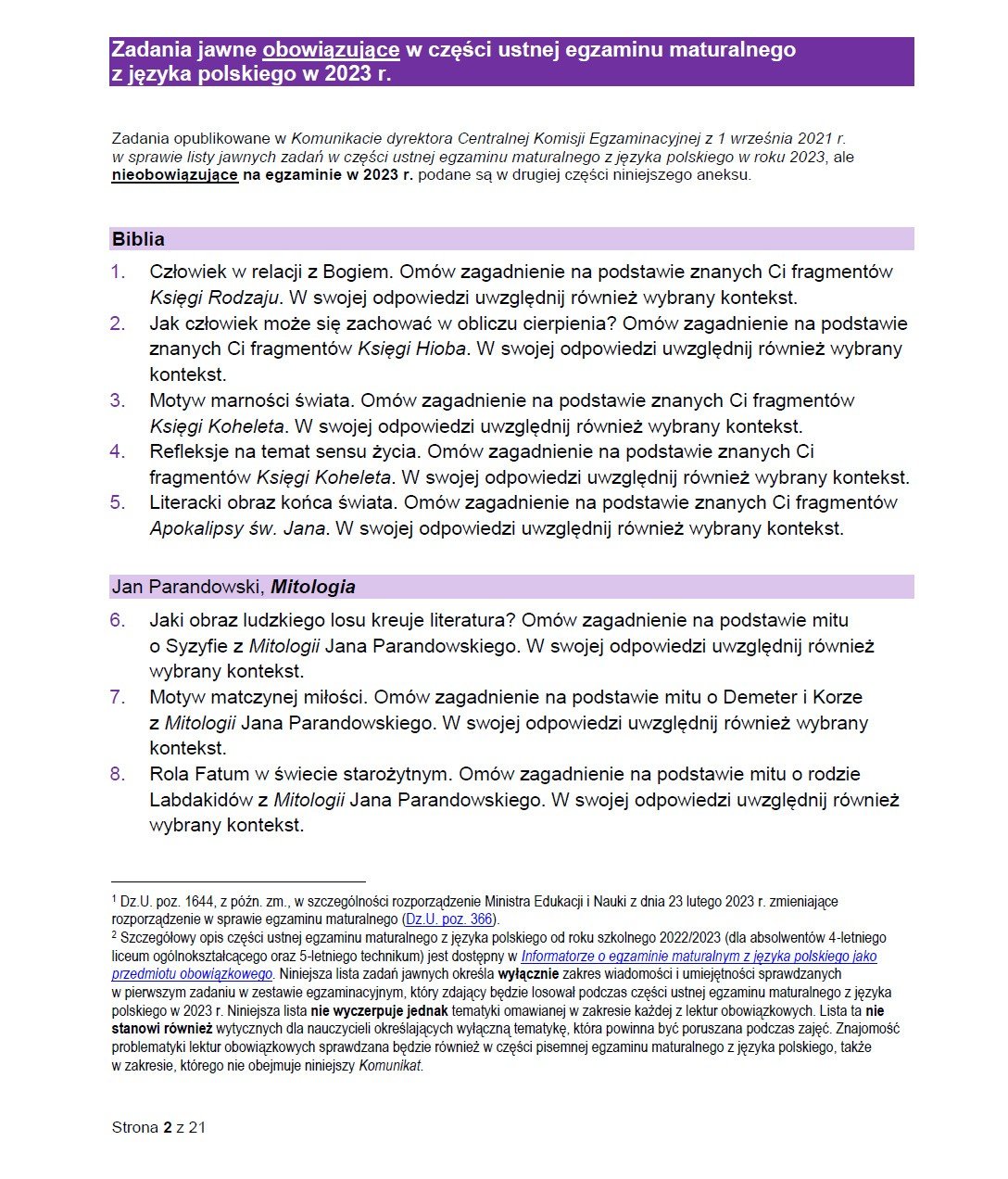 Pytania jawne na maturę ustną z polskiego 2023. Wszystkie pytania od