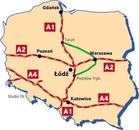 Fot. Dziennik Łódzki: &#8222;Poprawiona&#8221; A1 miałaby przebiegać, tak jak pokazuje zielona linia