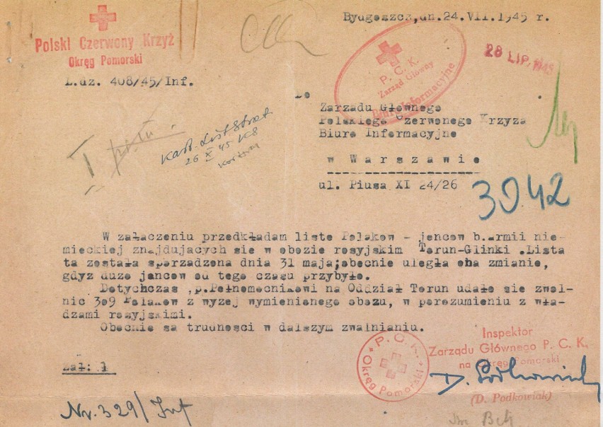 Pismo do Zarządu Głównego PCK w Warszawie z lipca 1945 roku...