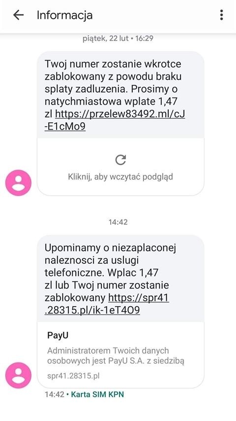 Fałszywe wiadomości SMS.