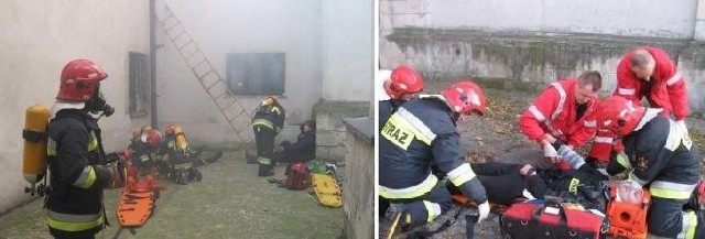 "Poszkodowani&#8221; robotnicy leżeli przed oknami pomieszczeń, w których wybuchł pożar. "Rannych&#8221; robotników strażacy przekazali służbom medycznym pogotowia ratunkowego.