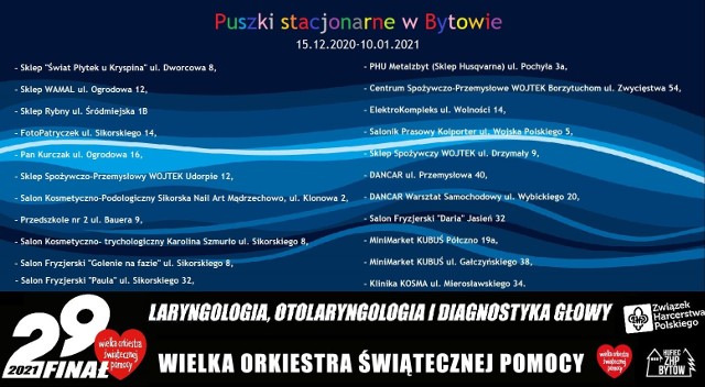 Wczoraj (15 grudnia) w wielu sklepach i punktach na terenie Bytowa i okolicy ustawiono orkiestrowe puszki, do których można wrzucać pieniądze. Puszki będą stały w tych miejscach do 10 stycznia 2021 r.