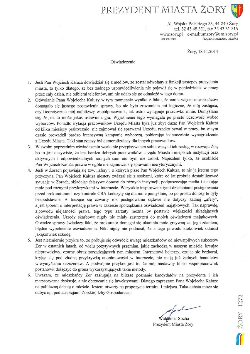Drugie oświadczenie prezydenta Żor, Waldemara Sochy