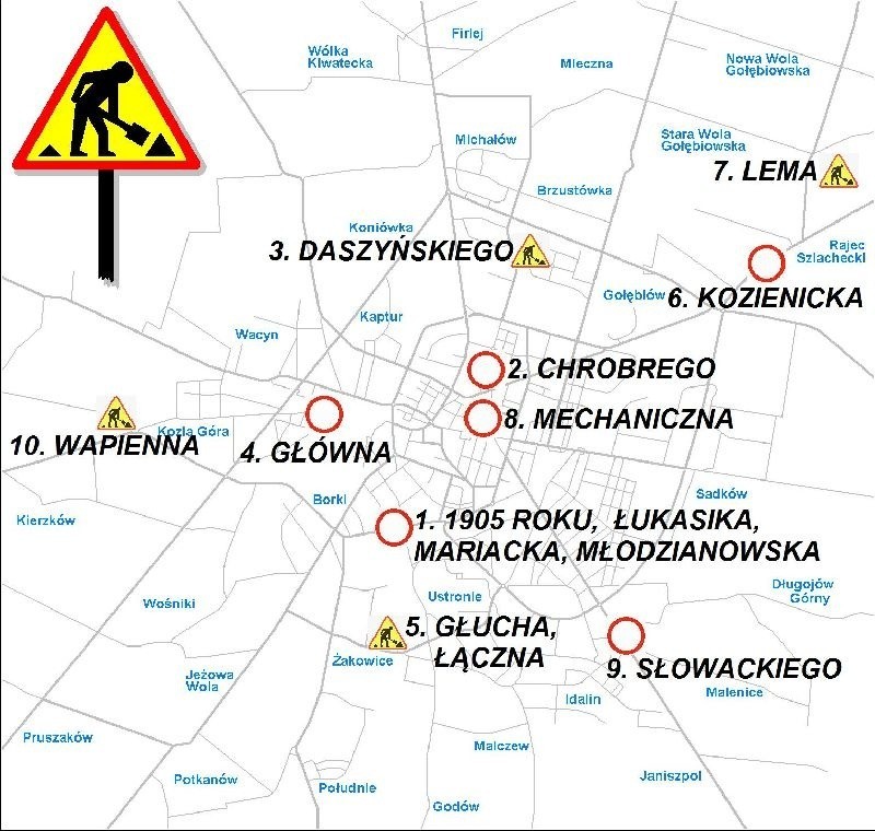 Mapa utrudnień w ruchu na ulicach Radomia.
