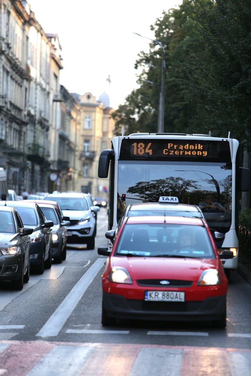 Kraków. Na ulicy Dietla wspólny pas dla tramwajów i autobusów aż do mostu Grunwaldzkiego 