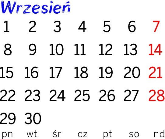 Kalendarz szkolny 2014/2015:Wrzesień 20141 - początek roku szkolnego