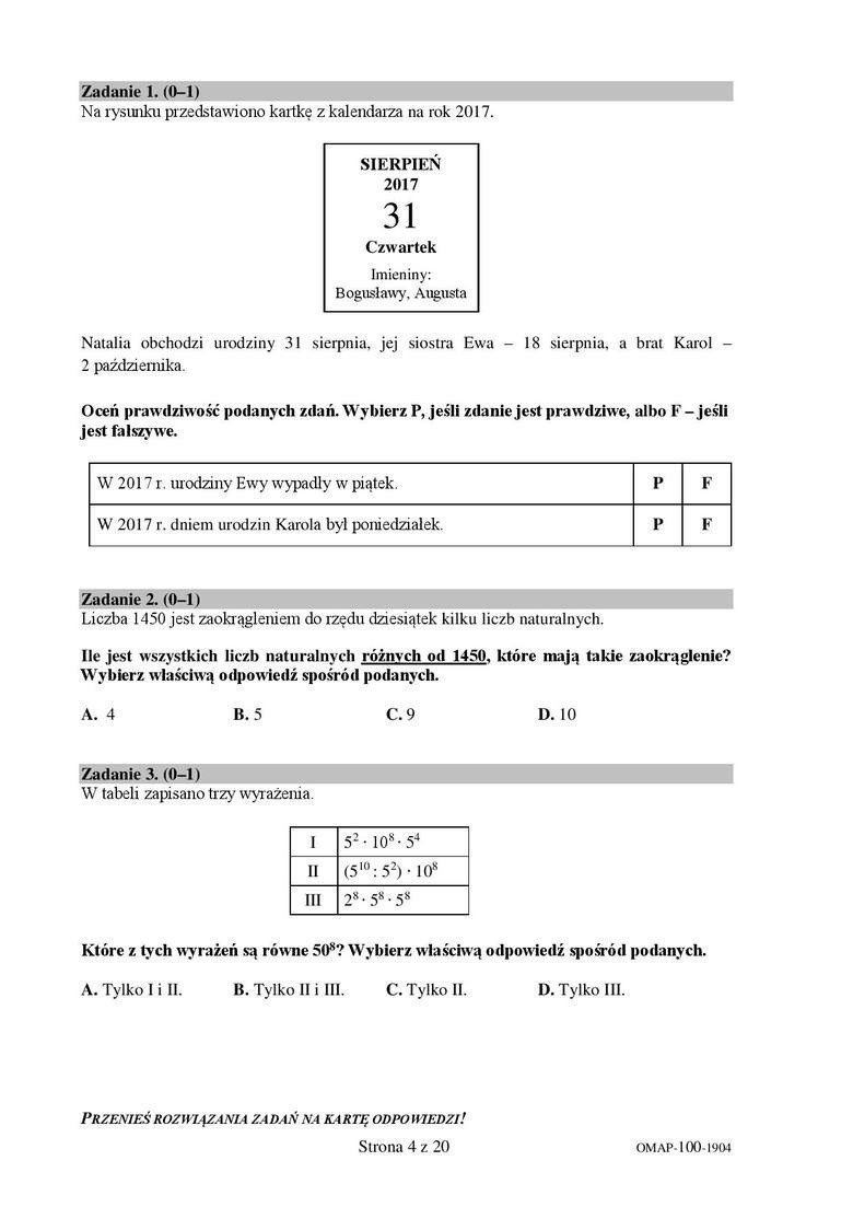 Egzamin ósmoklasisty 2019 Matematyka [ODPOWIEDZI ARKUSZE, ZADANIA] Egzamin  8-klasisty z matematyki 16.04.2019 | Głos Koszaliński