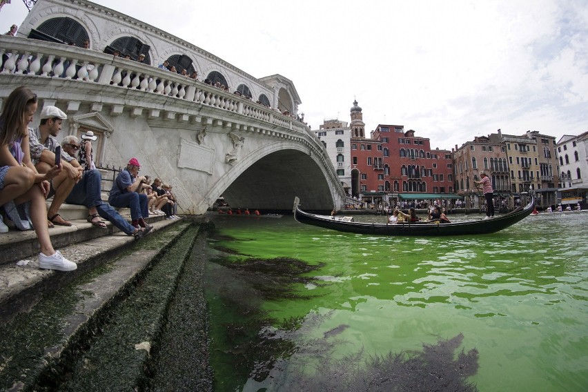 Woda na wodzie Canal Grande w Wenecji zabarwiła się na...