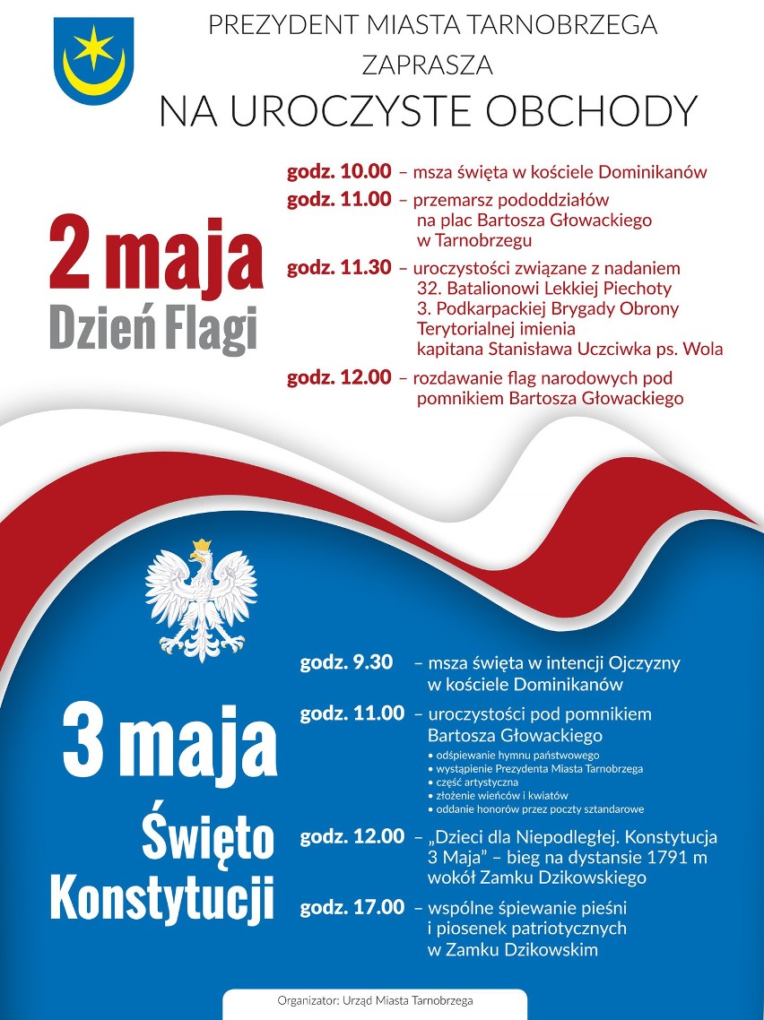 Majówka 2022 w Tarnobrzegu: Przemarsz wojsk, rozdawanie flag, patriotyczne i sportowe obchody 231. rocznicy uchwalenia Konstytucji 3 Maja