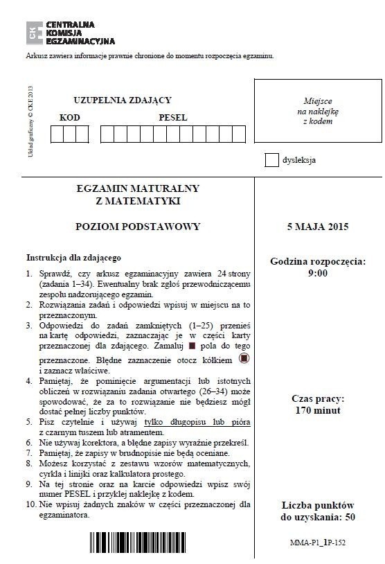 Matura 2015. MATEMATYKA poziom podstawowy dla TECHNIKUM [ODPOWIEDZI, ARKUSZE CKE]