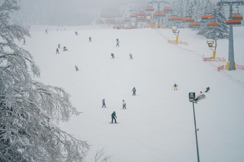 Ferie zimowe 2023. Tłumy narciarzy na krynickich stokach. Przy wyciągach tworzyły się kolejki. Zdjęcia