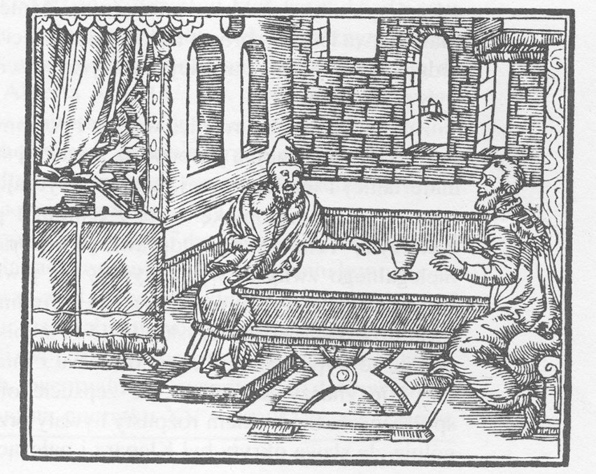 Rozmowa przyjaciół przy stole, rycina z XVI-wiecznego druku...