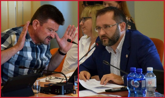 Kolejna burzliwa sesja rady powiatu kluczborskiego. Z lewej Piotr Pośpiech (PSL), z prawej Mirosław Birecki (Ziemia Kluczborska).