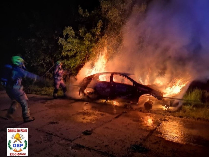 Pożar samochodu przy drodze krajowej nr 20. Pojazd spłonął doszczętnie [ZDJĘCIA]