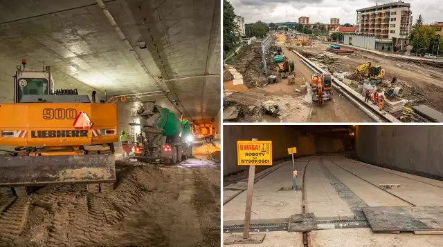 Trwają prace związane z budową Trasy Łagiewnickiej. Układane są kolejne warstwy nawierzchni nowej drogi oraz tory tramwajowe.