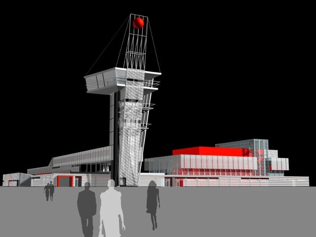 Tak na wizualizacji Biura Studiów i Projektów Barbary i Piotra Średniawy z Gliwic będzie wyglądać futurystyczna wieża przy centrum konferencyjnym targów Kielce