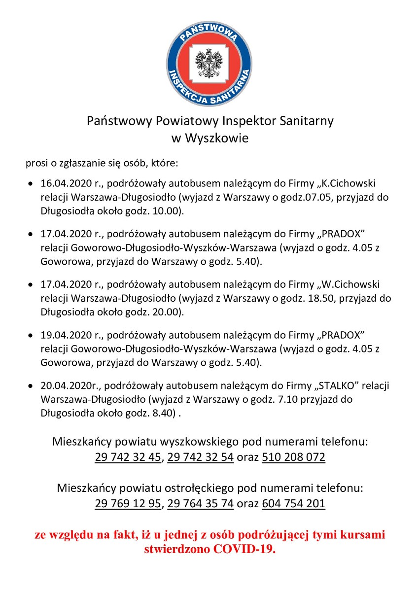 Poszukiwani pasażerowie autobusu relacji Goworowo - Warszawa. Jedna z pasażerek zakażona koronawirusem!