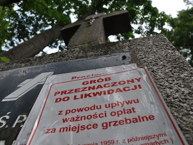 Obok grobów, po których pozostały kopczyki ziemi, nalepki z informacją o zamiarze likwidacji mogiły pojawiają się także na dobrze utrzymanych pomnikach.