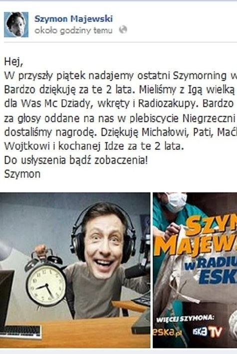 Wpis Szymona Majewskiego na Facebooku (fot. screen Facebook.com)