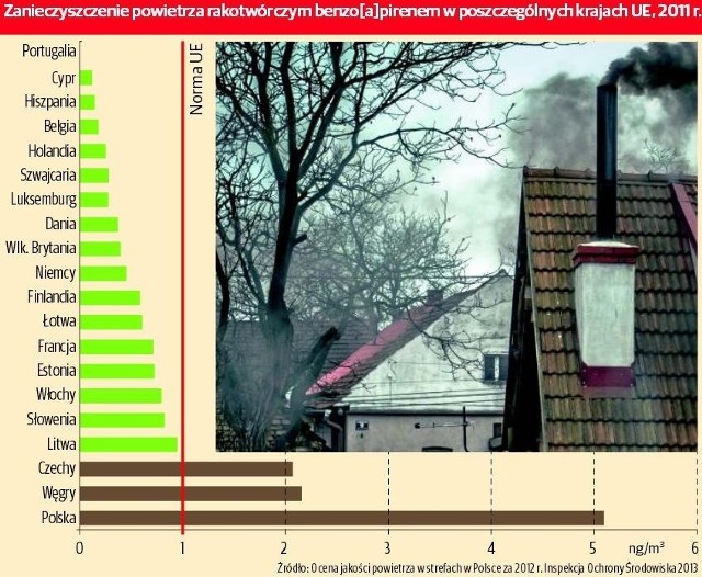 Zanieczyszczenie powietrza rakotwórczym benzo[a]pirenem w poszczególnych krajach UE, 2011 r.