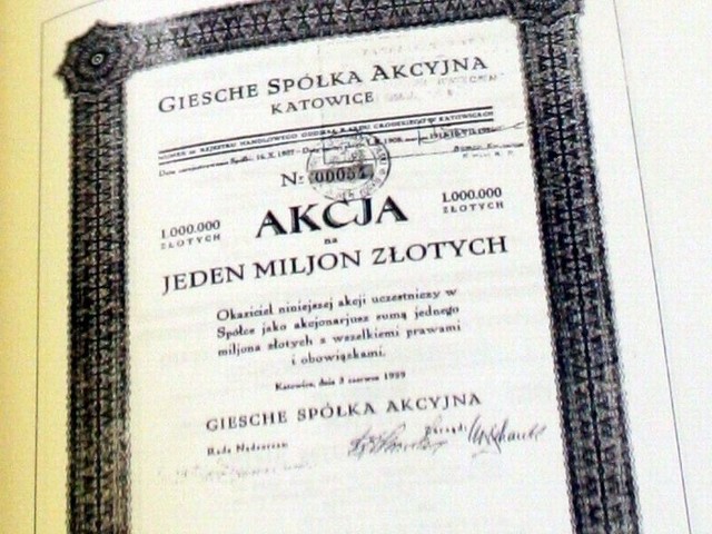 Kserokopia akcji firmy Giesche, jakie były w posiadaniu "nowych akcjonariuszy&#8221;. Teraz papiery te mają jedynie wartość kolekcjonerską.