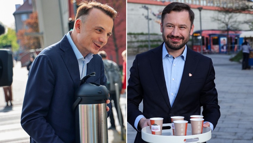 Łukasz Gibała (z lewej) i Aleksander Miszalski z kawą na...