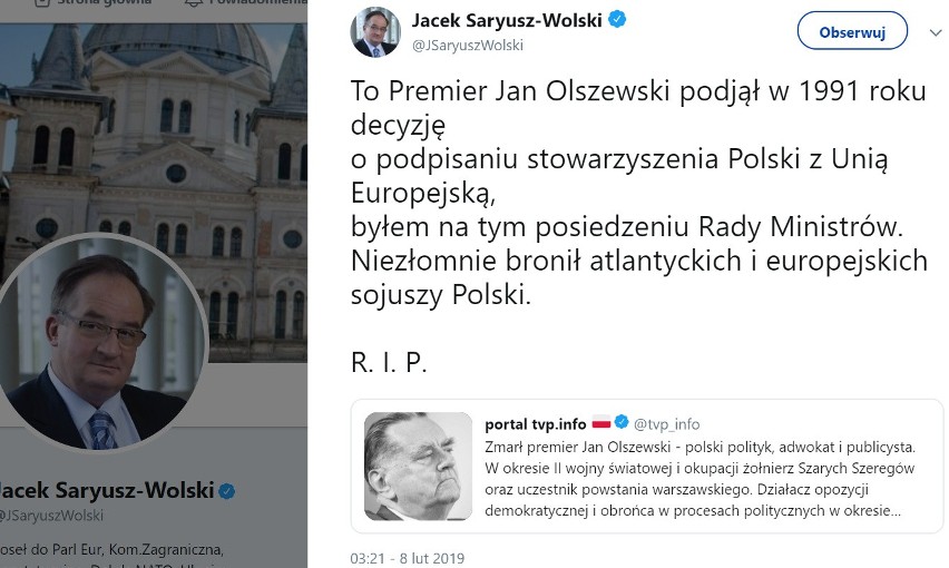 Jacek Saryusz - Wolski w dniu śmierci byłego premiera...