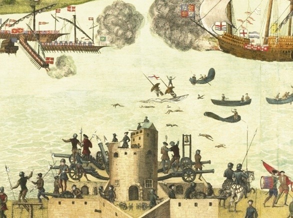 Ryt pokazuje zatonięcie Mary Rose podczas bitwy w Solent off Portsmouth 19 lipca 1545.