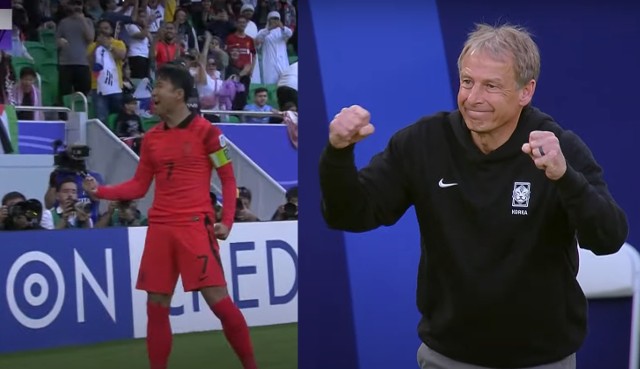 Jurgen Klinsmann i Hueng-Min Son celebrujący bramkę.