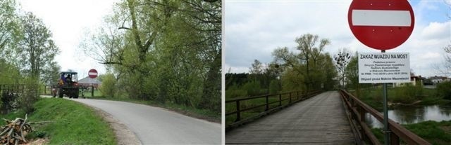 Przez most jeżdżą samochody, traktory i furmanki.